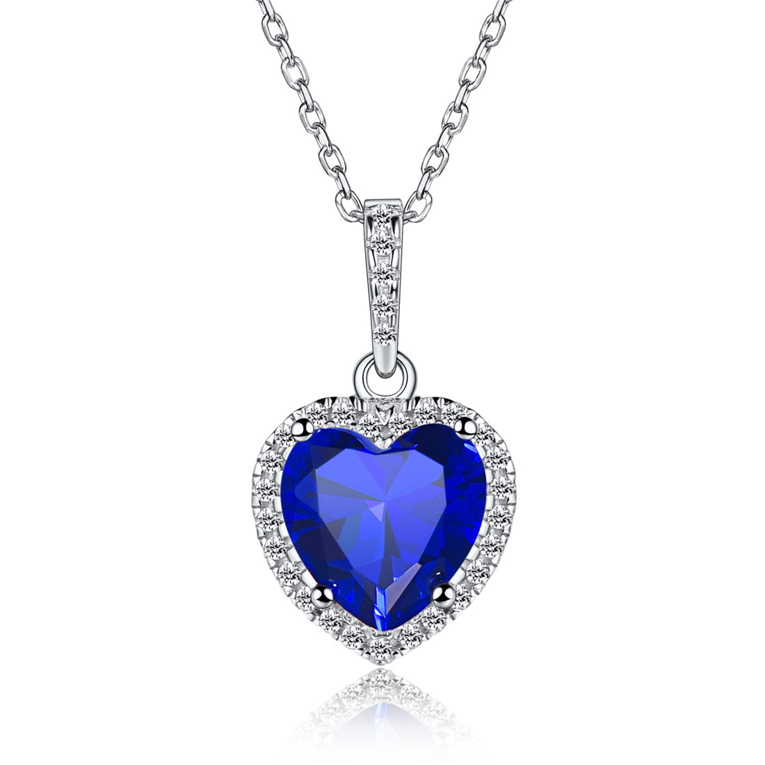 Sterling Silver Heart Halo Created Birthstone Pendant Necklace Sep