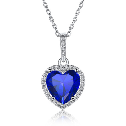 Sterling Silver Heart Halo Created Birthstone Pendant Necklace Sep