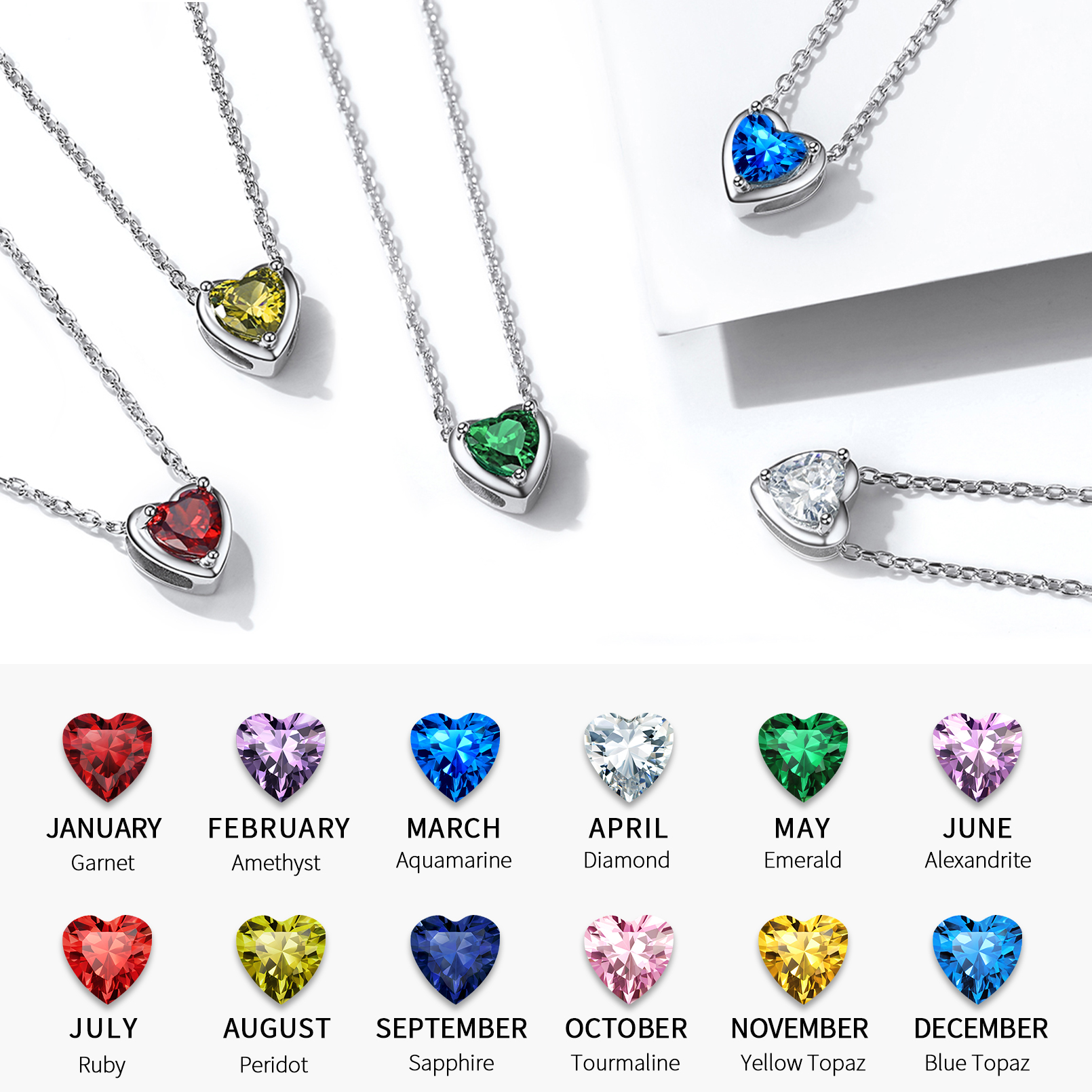 925 Sterling Silver Birthstone Heart Necklace Collection