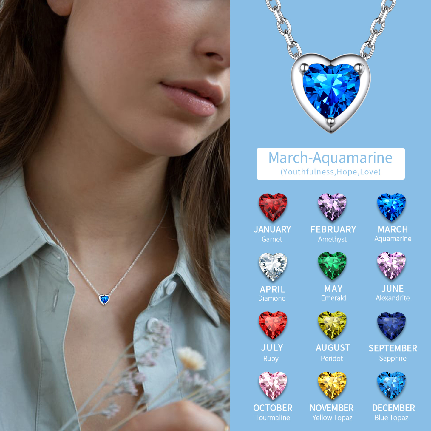 Sterling Silver Birthstone Heart Crystal Necklace For Women