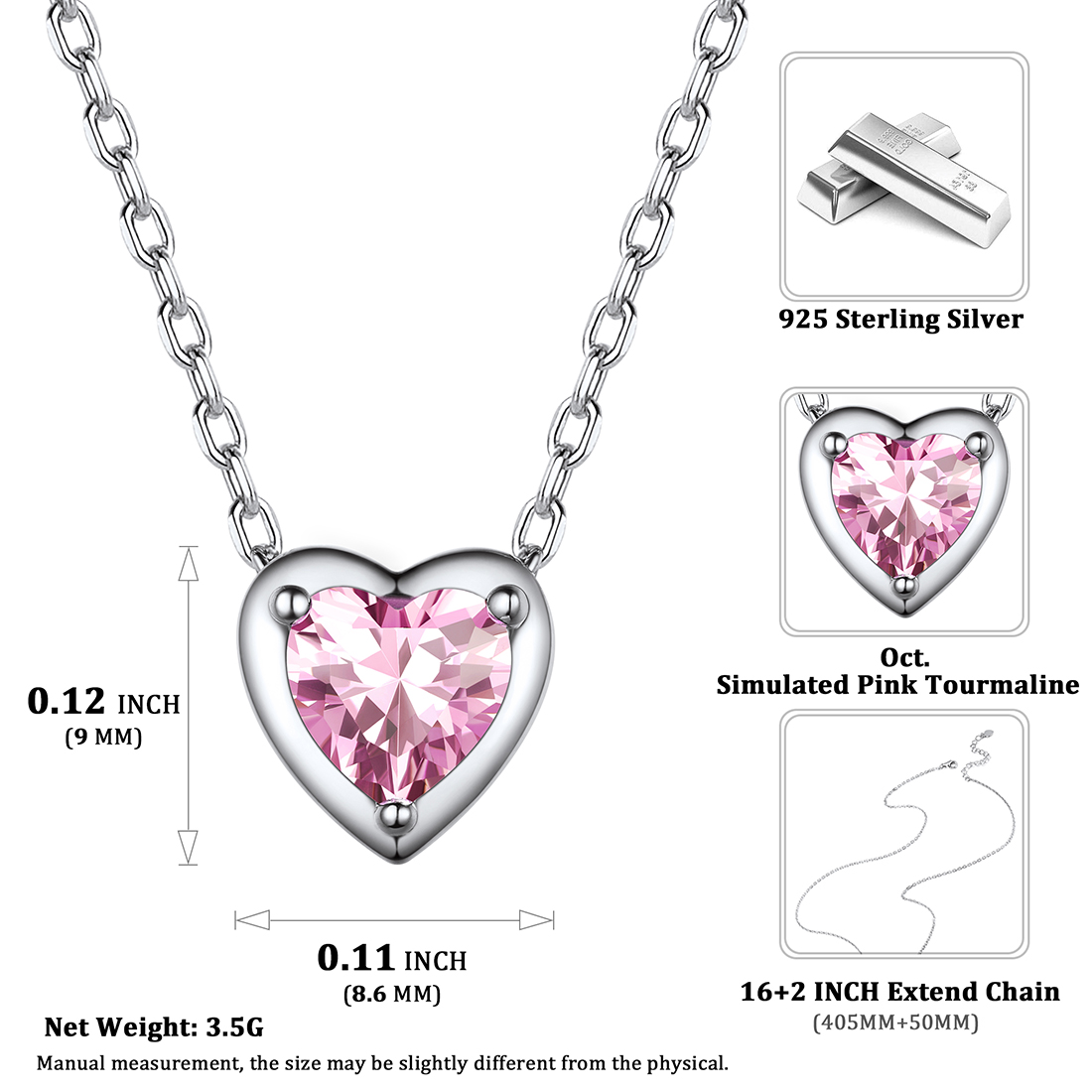 October Tourmaline Birthstone Heart Necklace detail