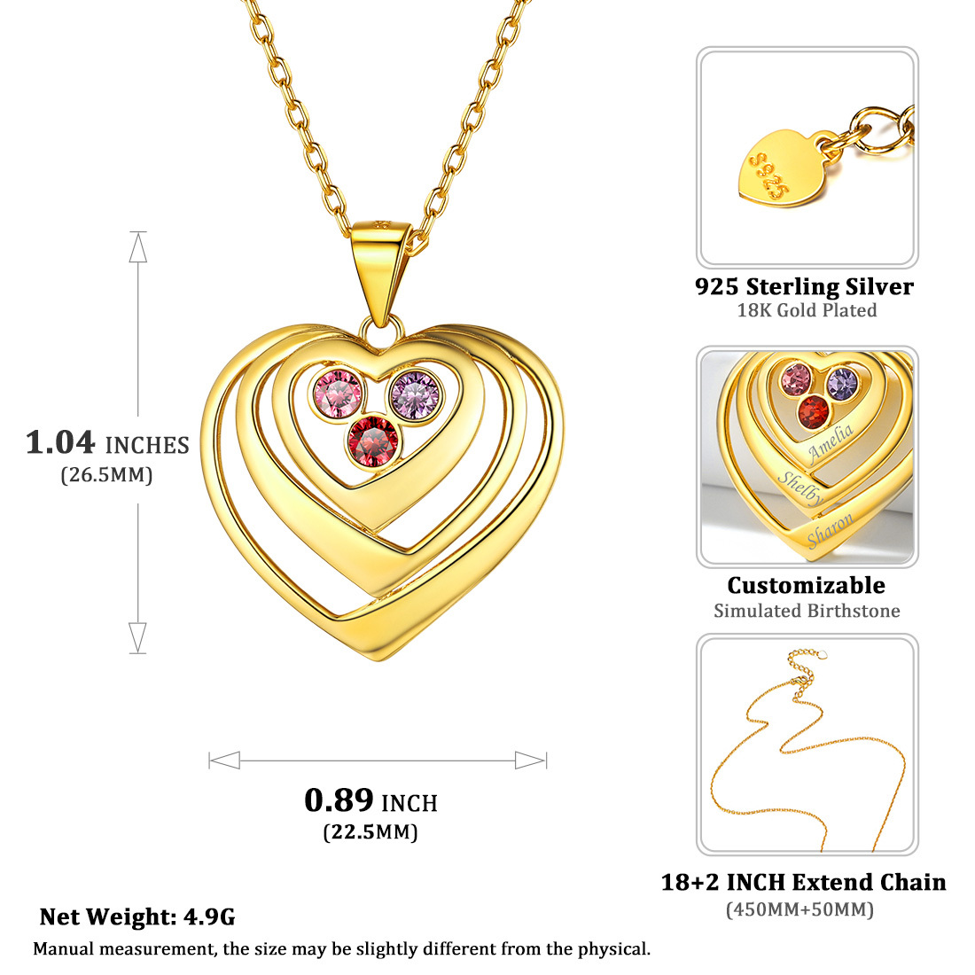 Birthstone Heart Engraved Necklace Gift for Mom size