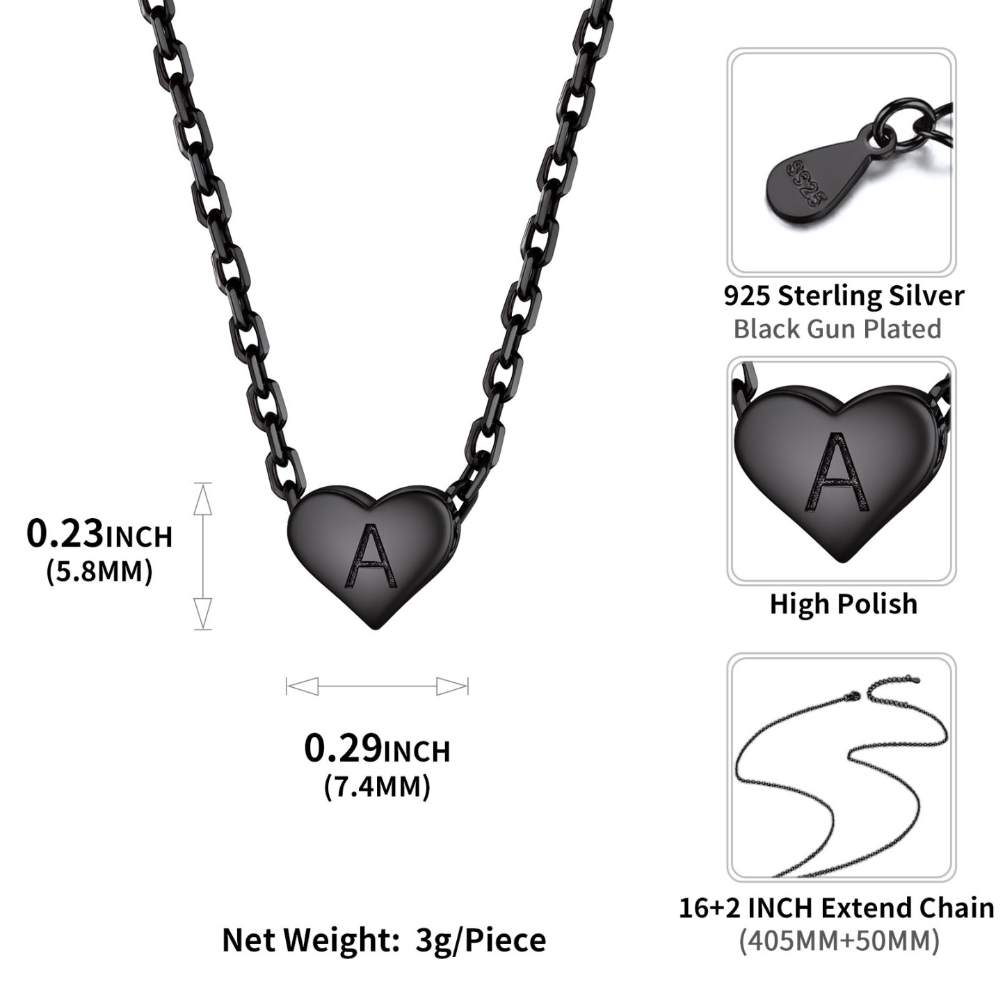  925 Sterling Silver Heart Initial Necklaces for Women Size Black