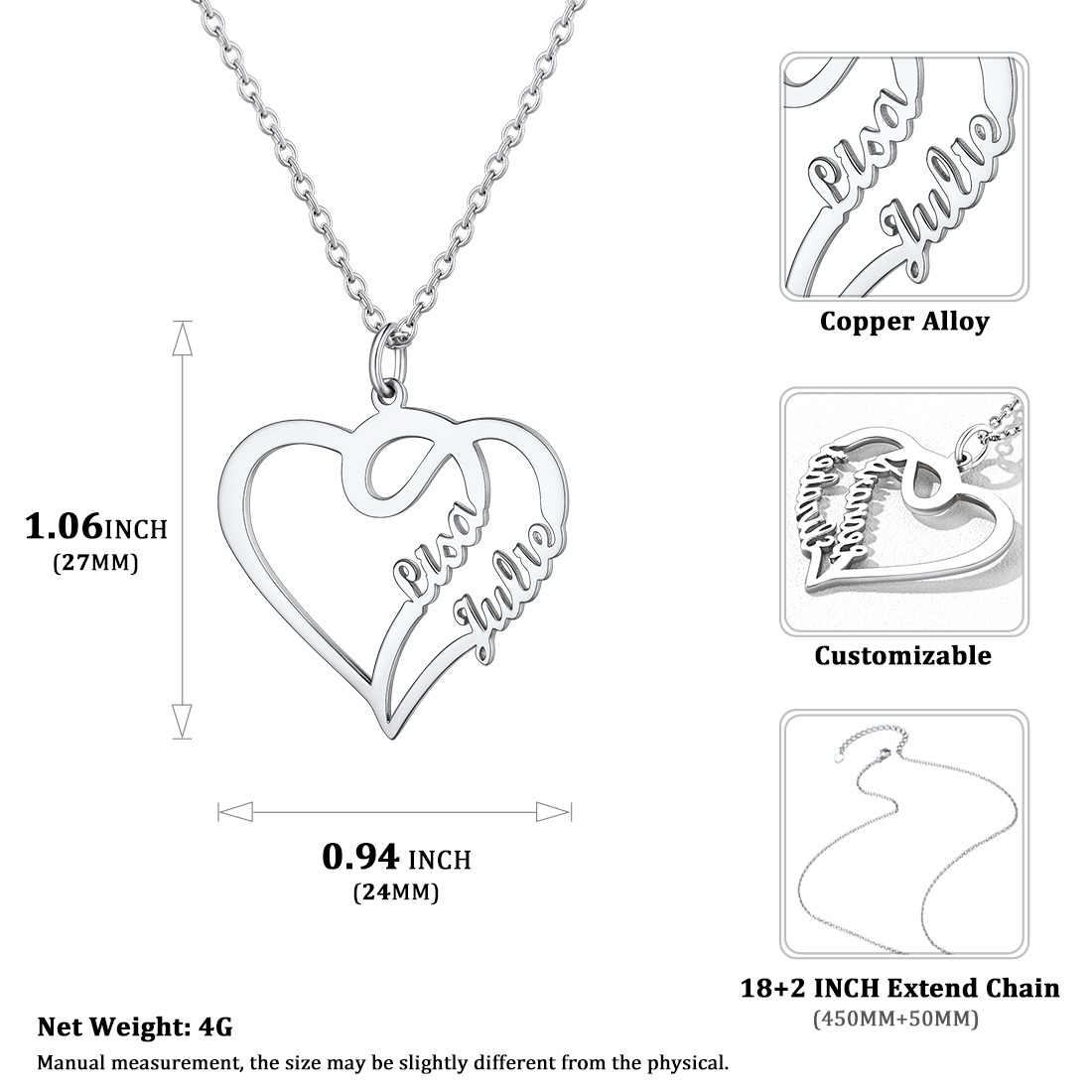 Personalized Heart Name Necklace for Women size