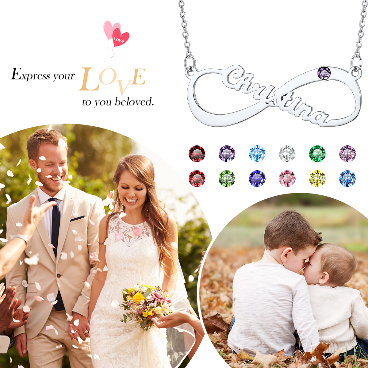 Personalized Birthstone Infinity Necklace with Name for Women 12 months stone