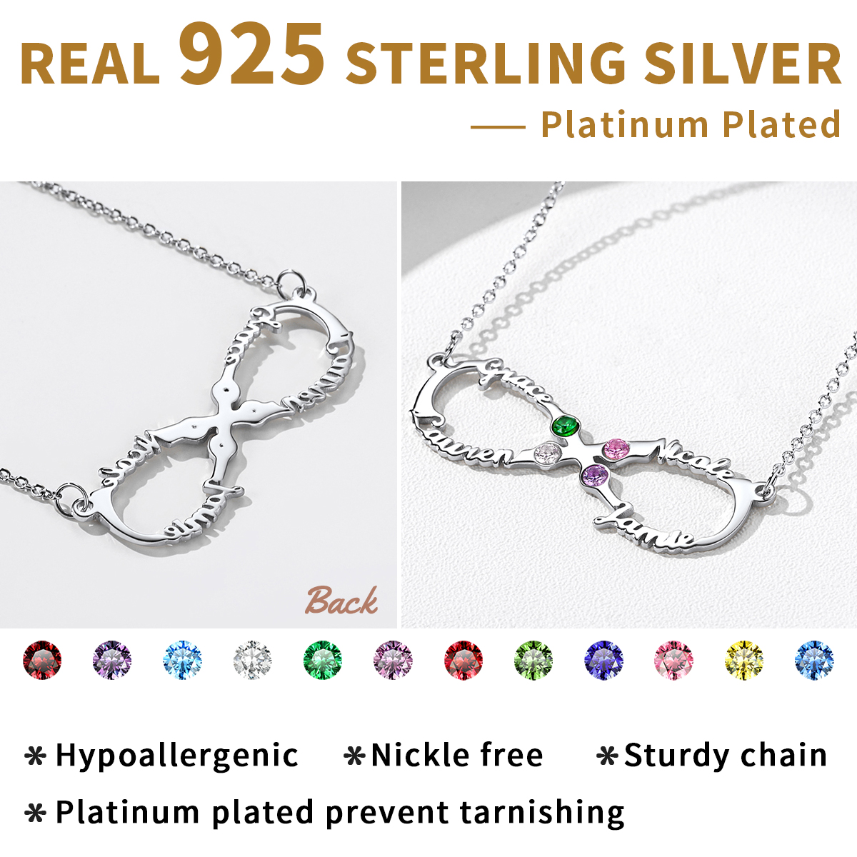 Personalized Birthstone Infinity 4 Names Necklace for Women 925 silver