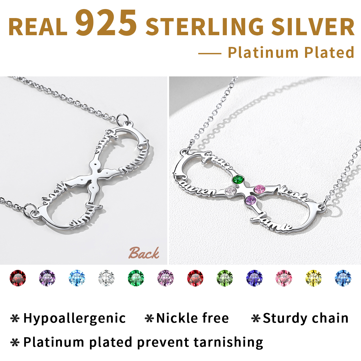 Personalized Birthstone Infinity 4 Names Necklace for Women 925 silver