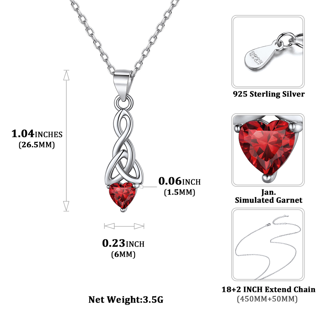 Heart Birthstone Sterling Silver Sparkling Celtic Knot Pendant Necklace size