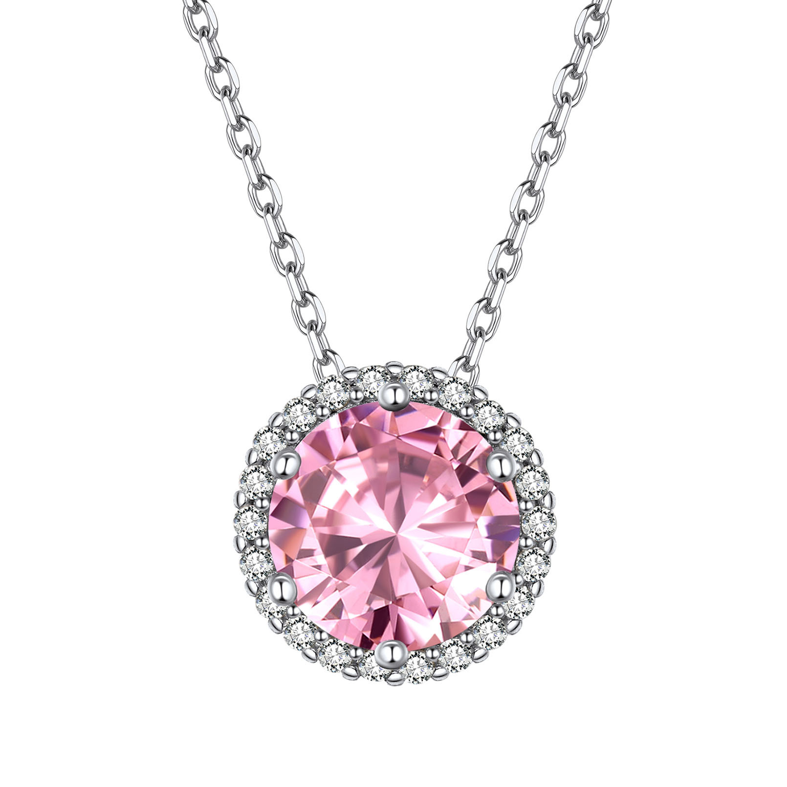 Sterling Silver Round Halo Created Birthstone Pendant Necklace October-Tourmaline