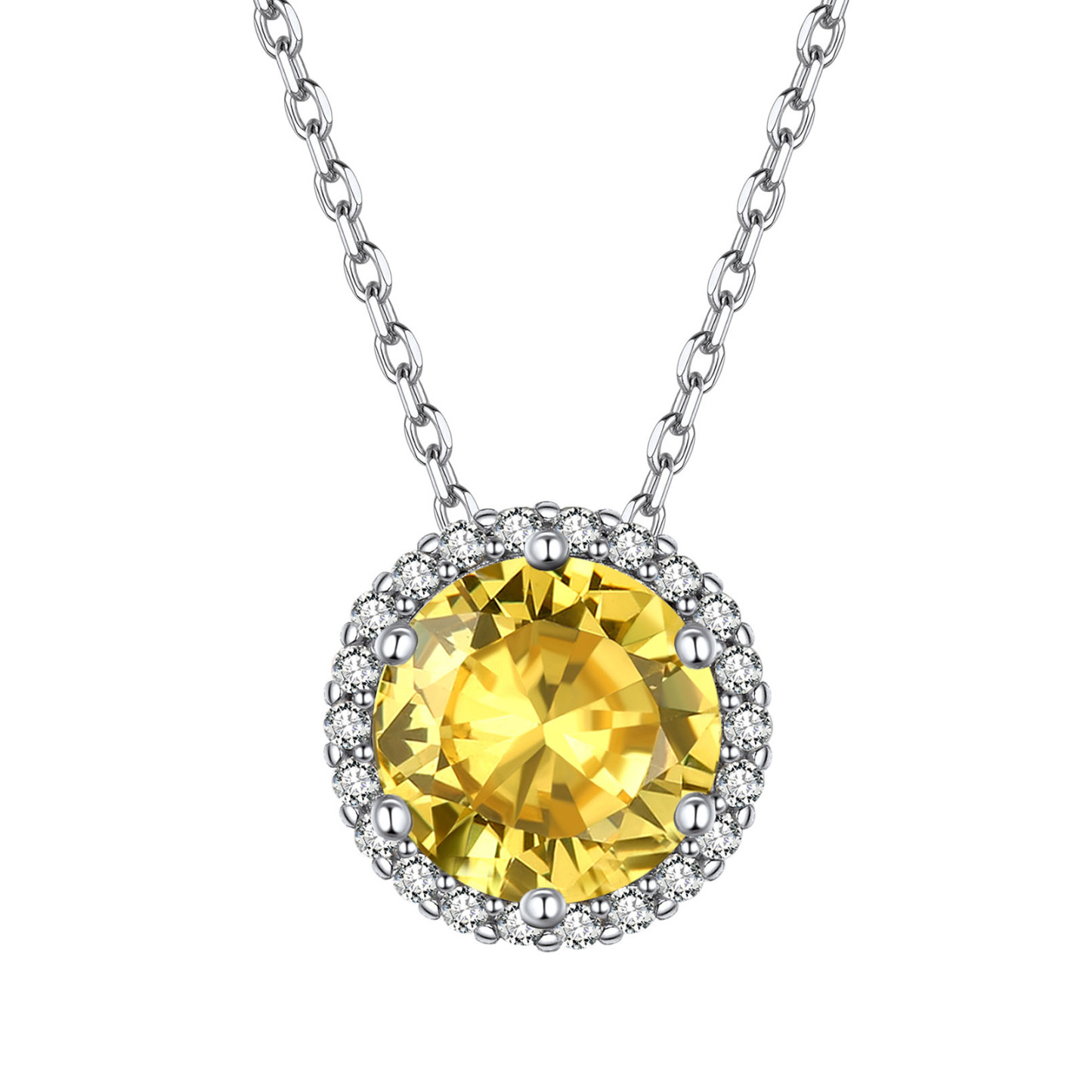 Sterling Silver Round Halo Created Birthstone Pendant Necklace November-Topaz