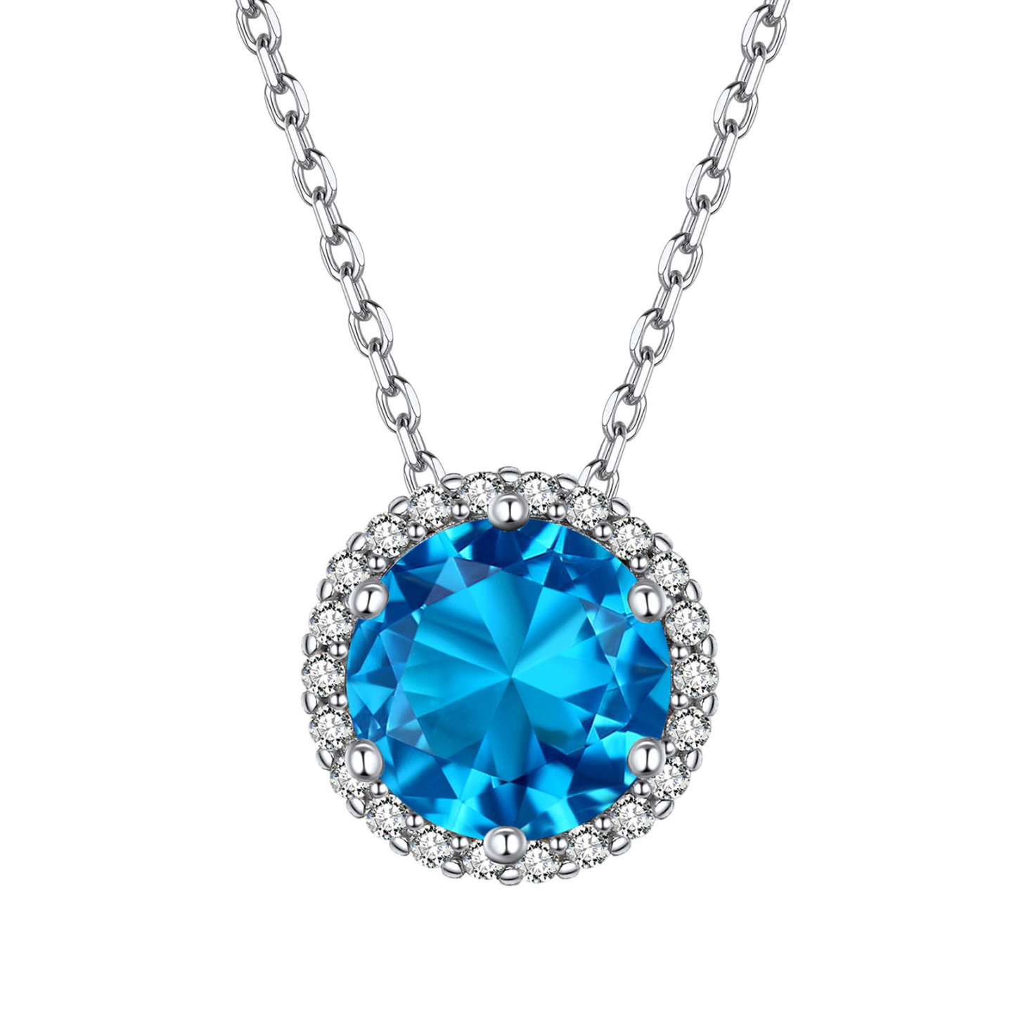 Sterling Silver Round Halo Created Birthstone Pendant Necklace December-Tanzanite