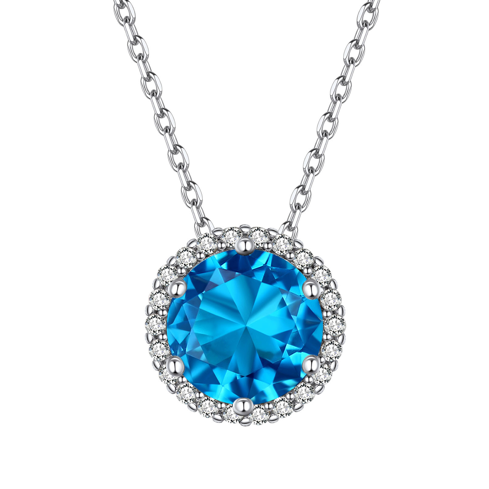 Sterling Silver Round Halo Created Birthstone Pendant Necklace December-Tanzanite