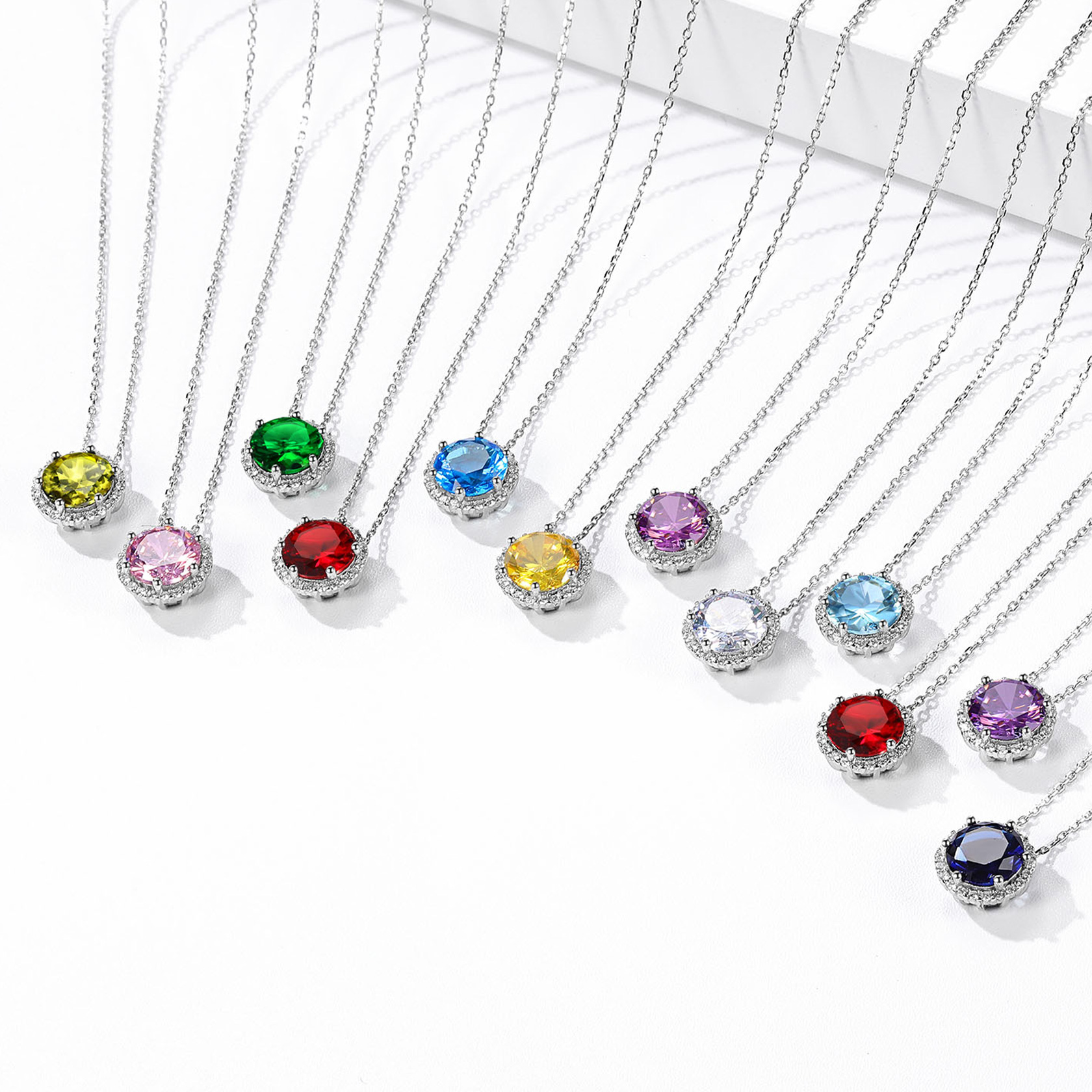 Sterling Silver Round Halo Created Birthstone Pendant Necklace collection