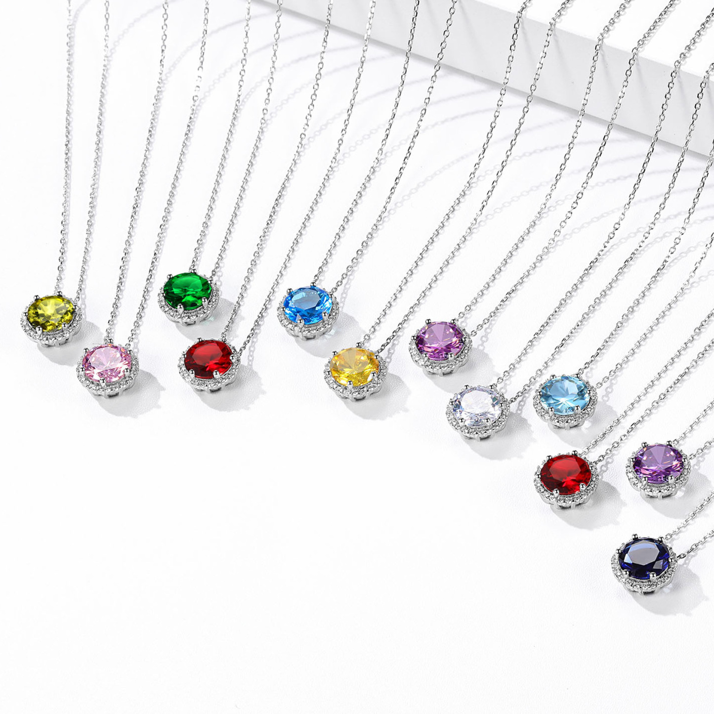 Sterling Silver Round Halo Created Birthstone Pendant Necklace collection
