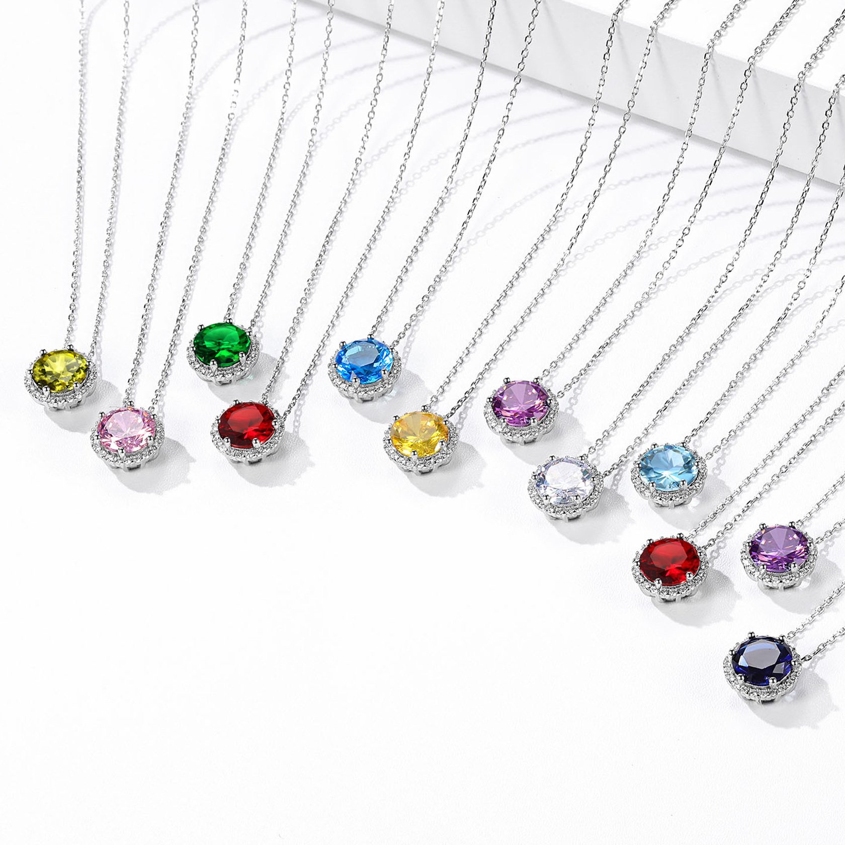 Sterling Silver Round Halo Created Birthstone Pendant Necklace collection