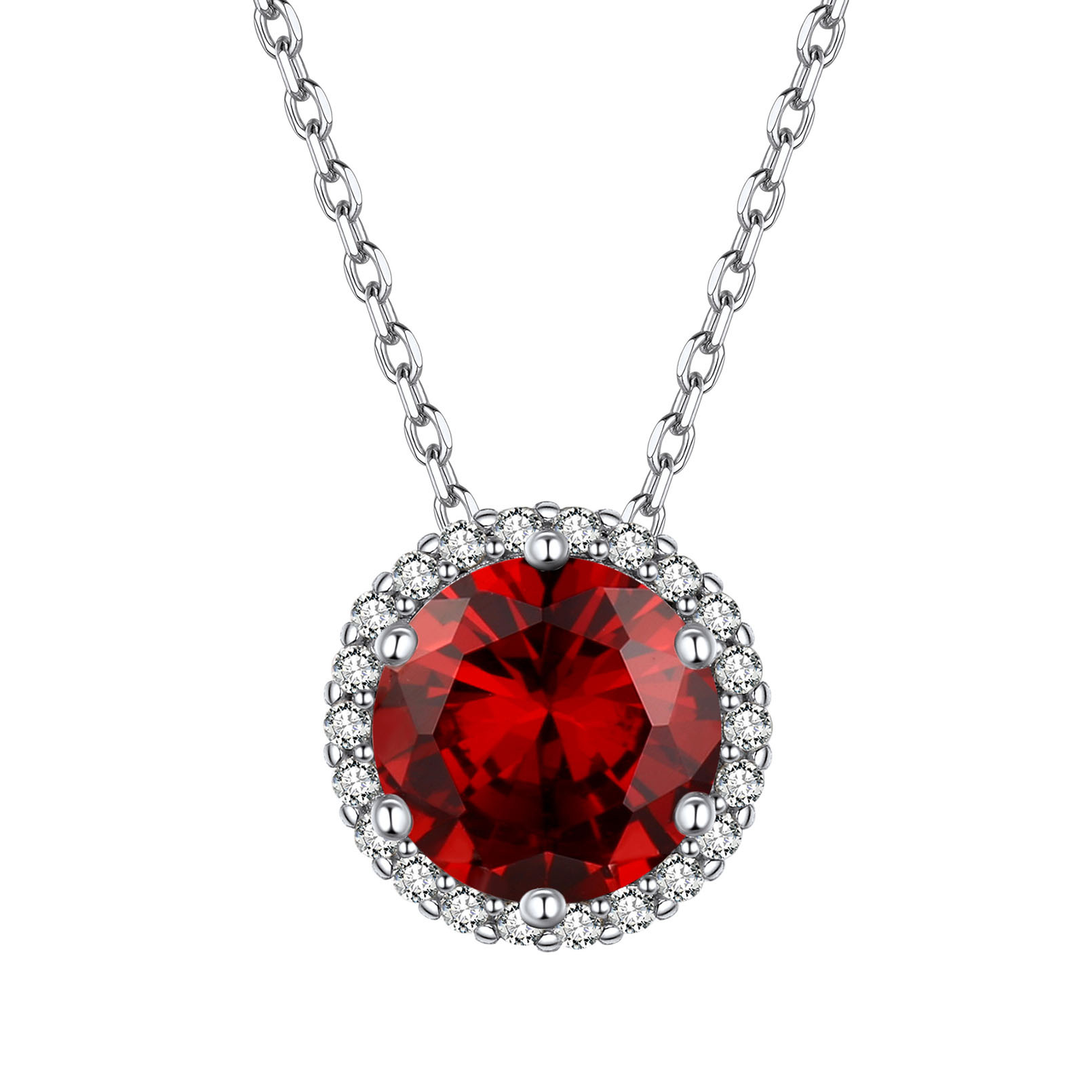 Sterling Silver Round Halo Created Birthstone Pendant Necklace