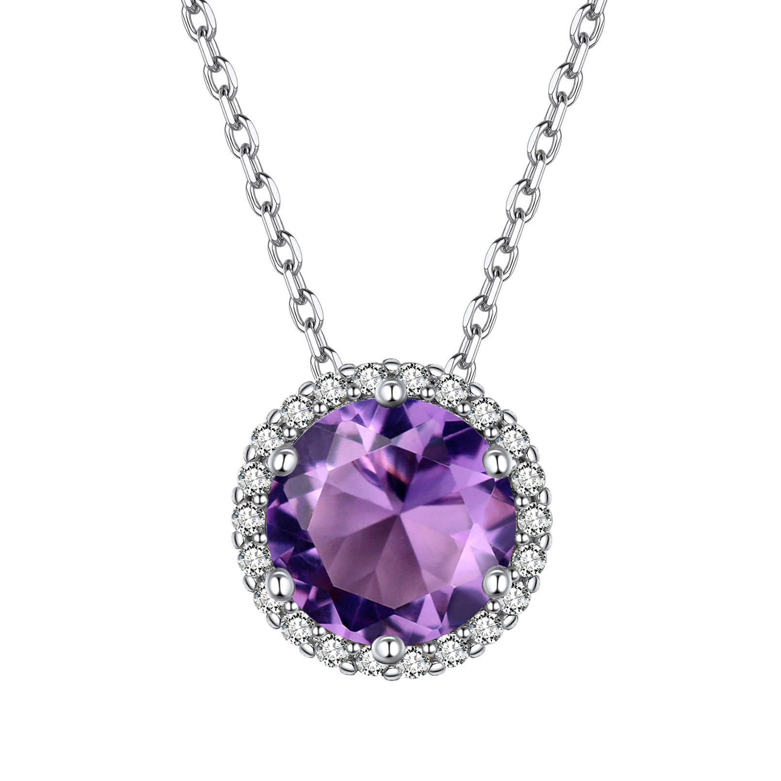 Sterling Silver Round Halo Created Birthstone Pendant Necklace February-Amethyst
