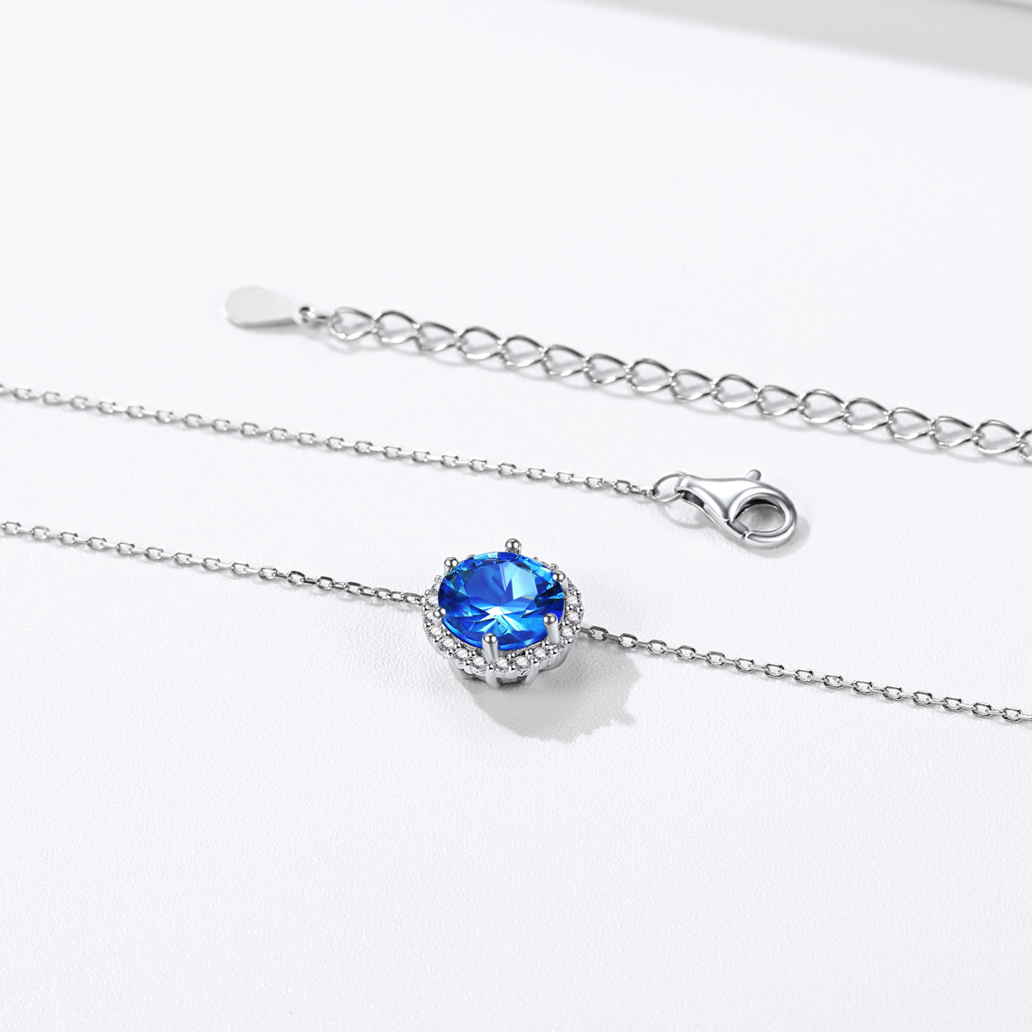 Sterling Silver Round Halo Created Birthstone Pendant Necklace blue 