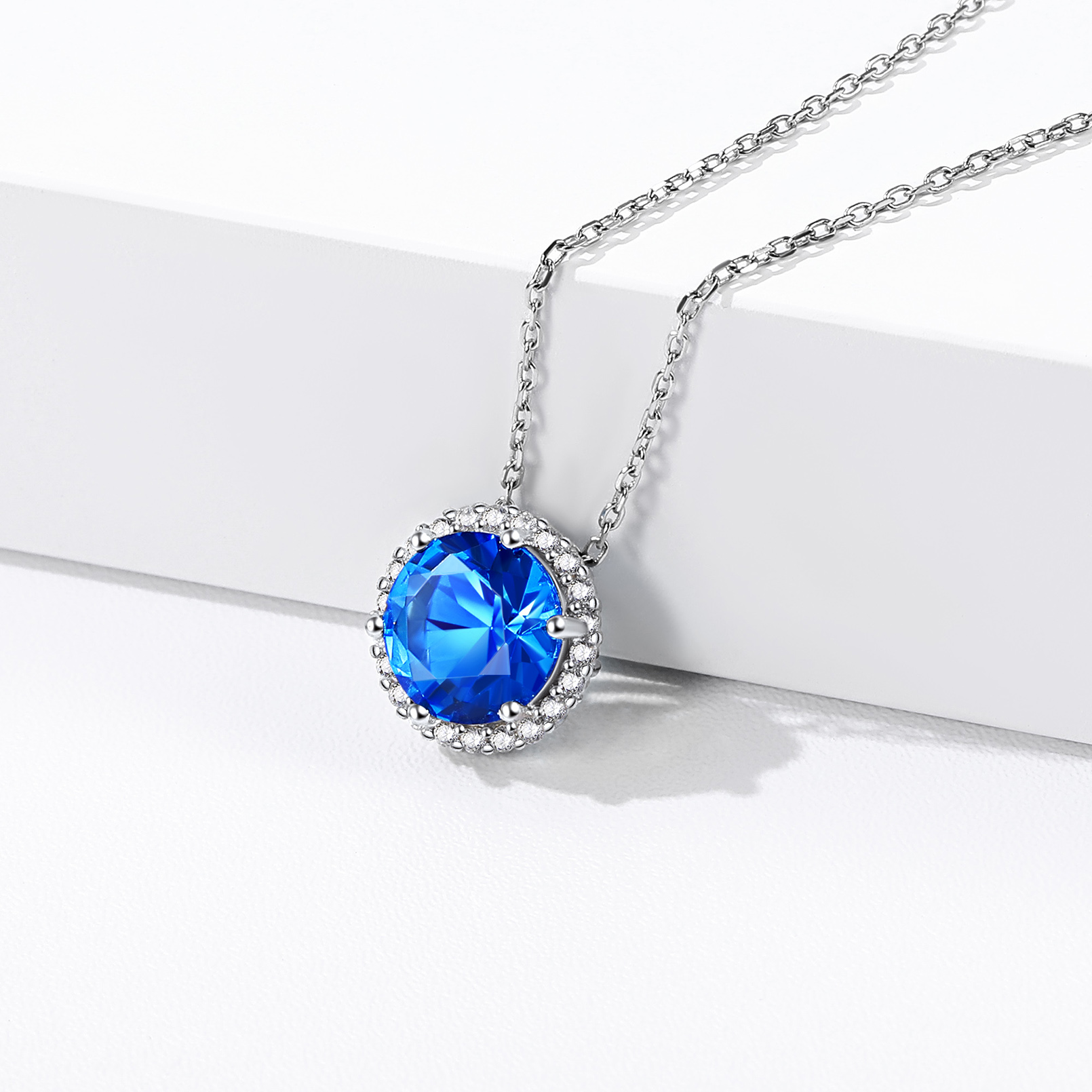 Sterling Silver Round Halo Birthstone Pendant Necklace blue