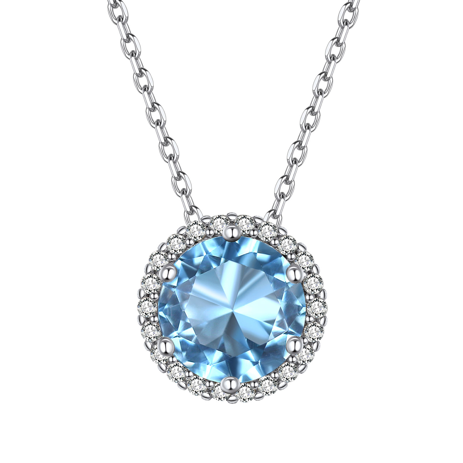 Sterling Silver Round Halo Created Birthstone Pendant Necklace March-Aquamarine
