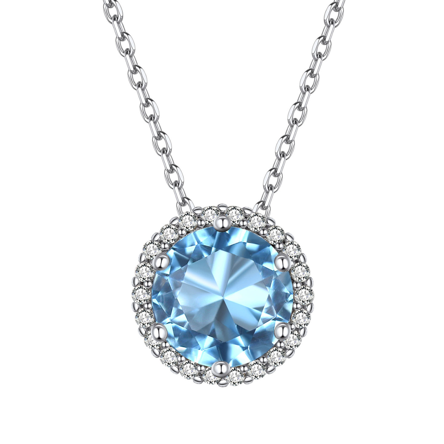 Sterling Silver Round Halo Created Birthstone Pendant Necklace March-Aquamarine