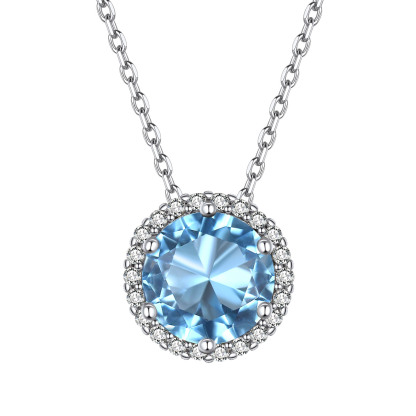 Sterling Silver Round Halo Created Birthstone Pendant Necklace March-Aquamarine