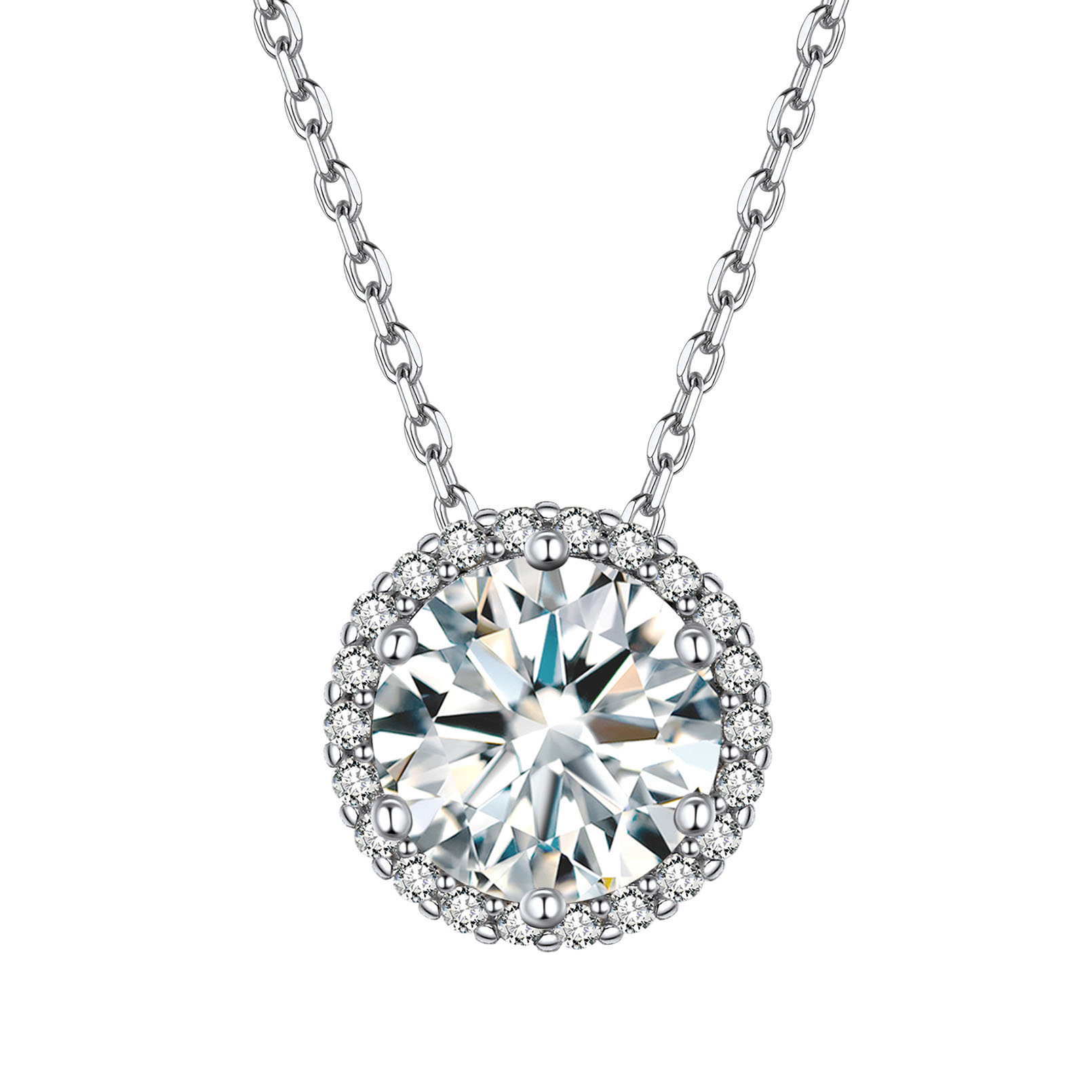 Sterling Silver Round Halo Created Birthstone Pendant Necklace April-Diamond