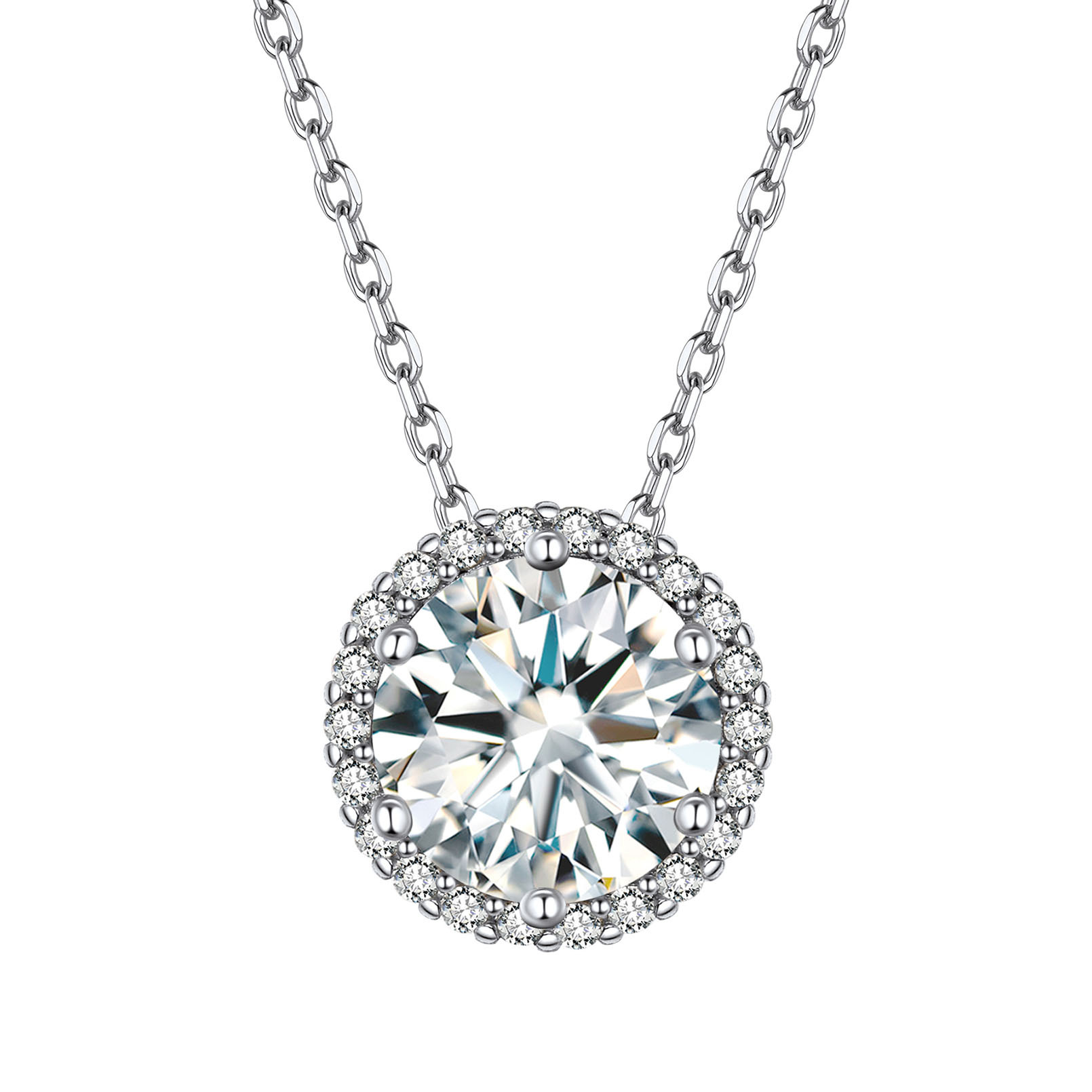 Sterling Silver Round Halo Created Birthstone Pendant Necklace April-Diamond