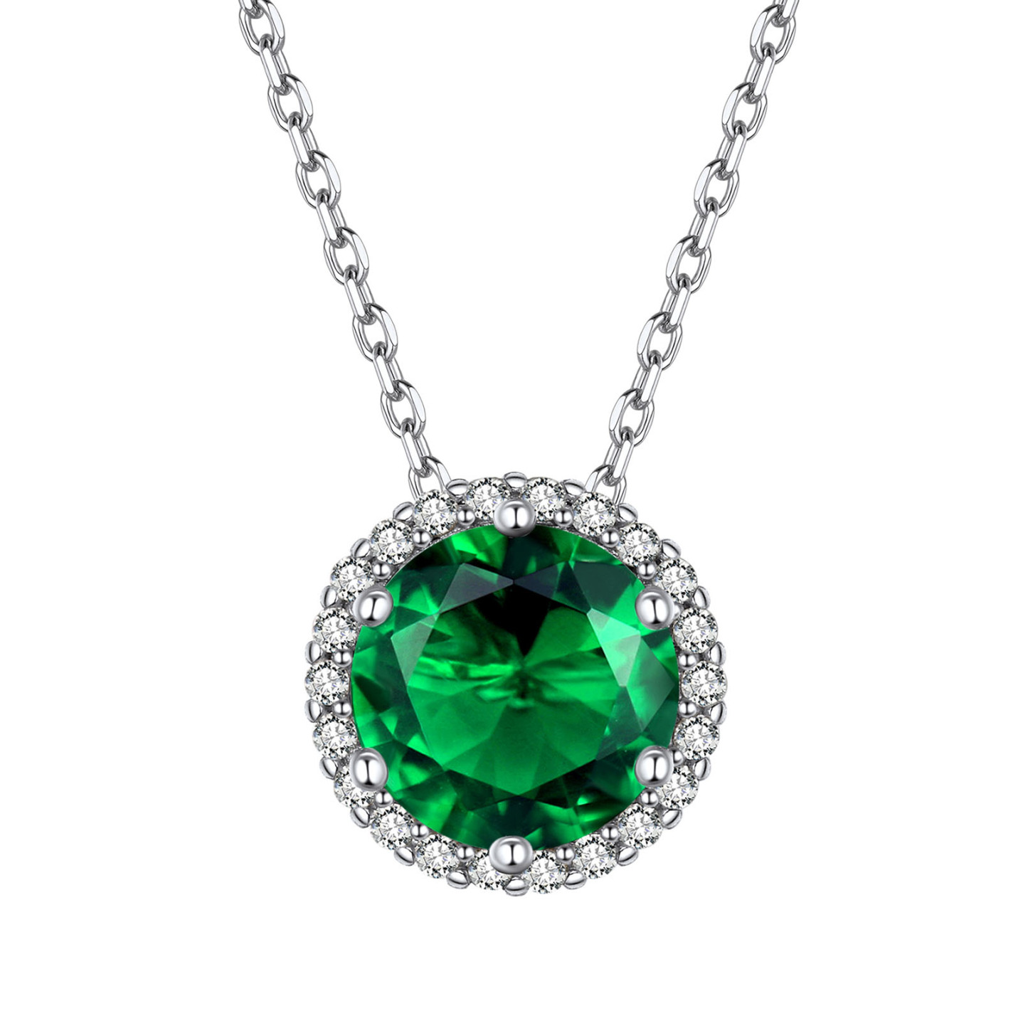 Sterling Silver Round Halo Created Birthstone Pendant Necklace May-Emerald