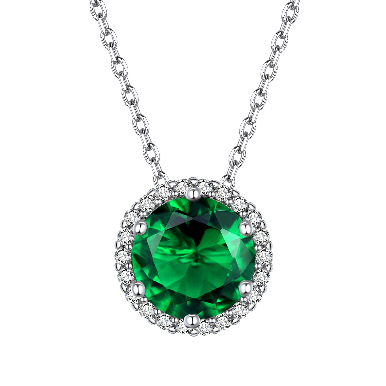 Sterling Silver Round Halo Created Birthstone Pendant Necklace May-Emerald