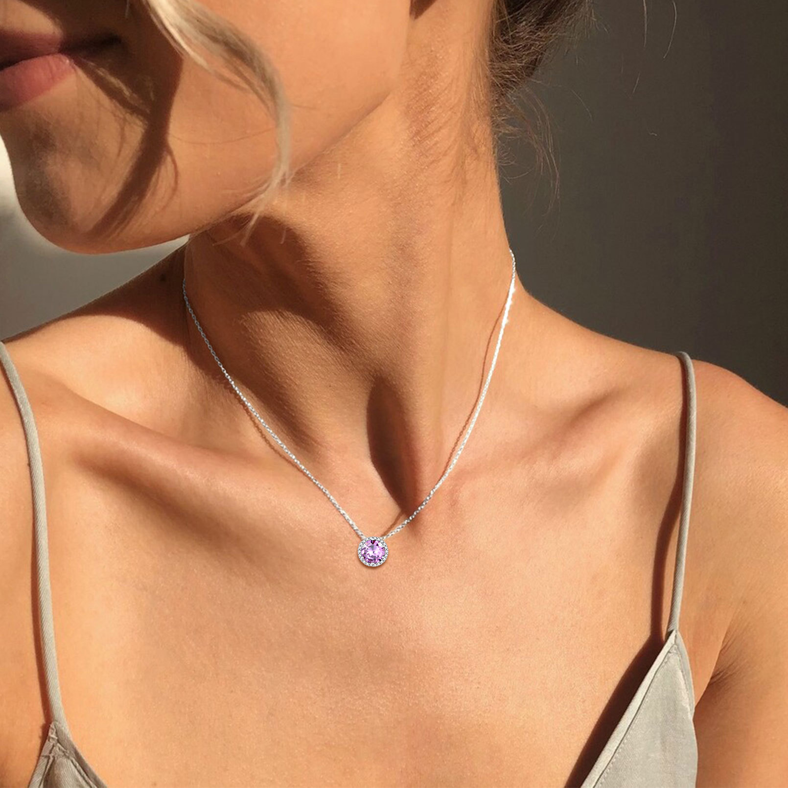 Sterling Silver Round Halo Created Birthstone Pendant Necklace model