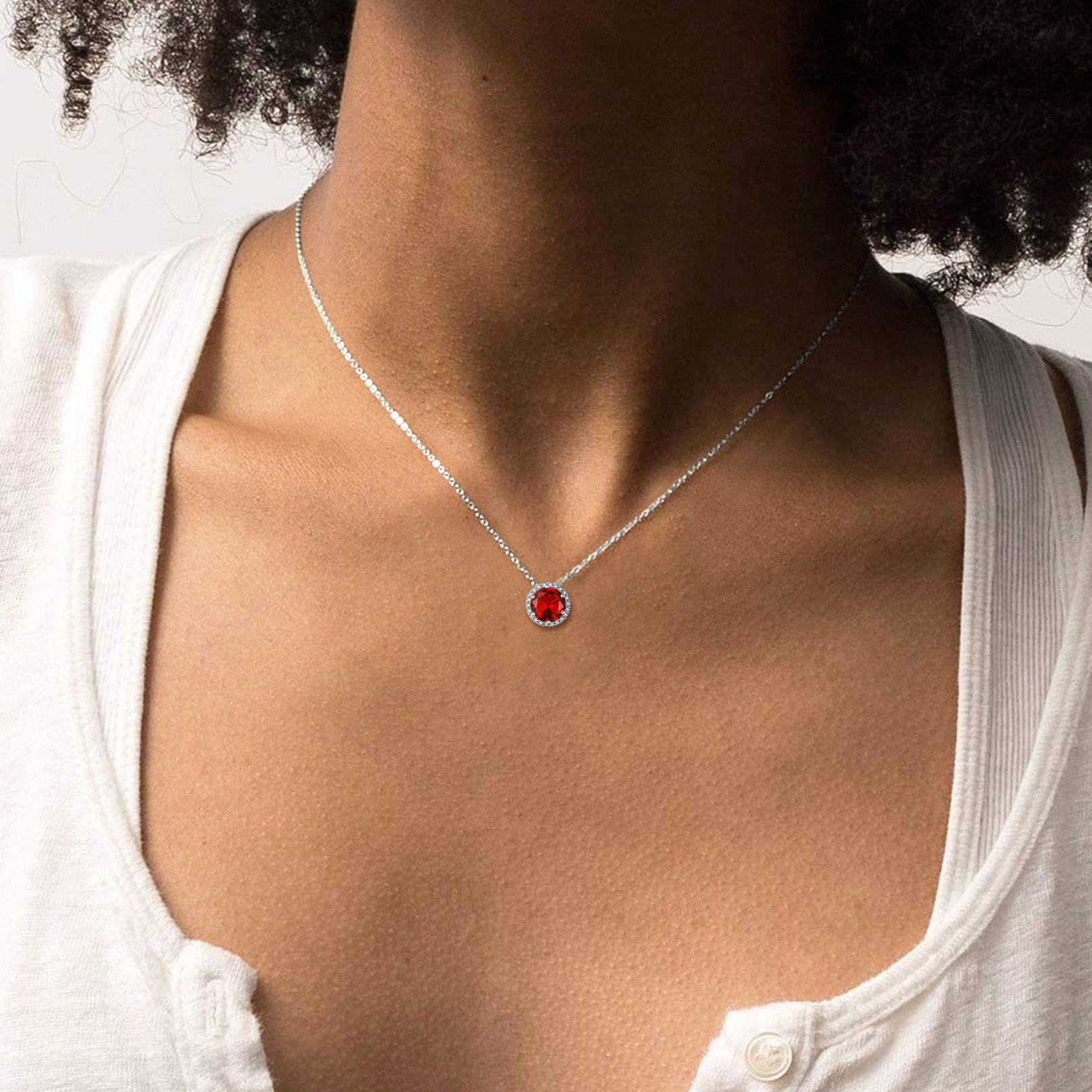 Sterling Silver Halo Birthstone Pendant Necklace model