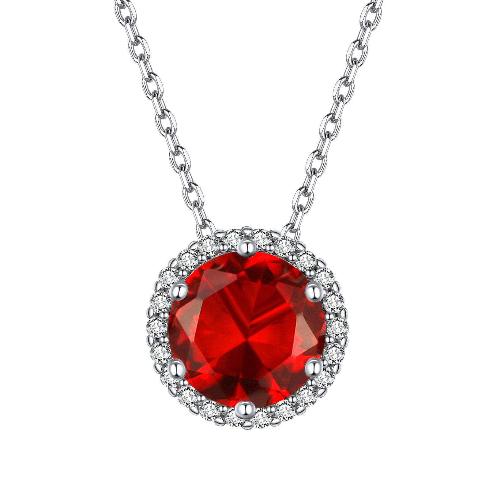 Sterling Silver Round Halo Created Birthstone Pendant Necklace July-Ruby