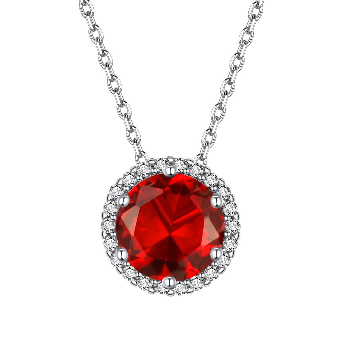 Sterling Silver Round Halo Created Birthstone Pendant Necklace July-Ruby