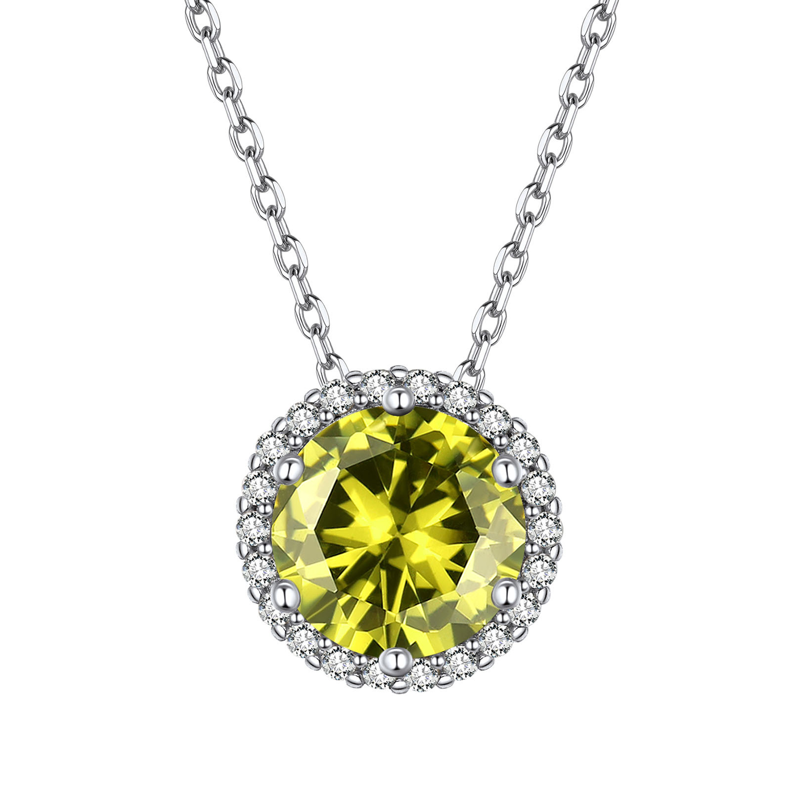 Sterling Silver Round Halo Created Birthstone Pendant Necklace August-Peridot