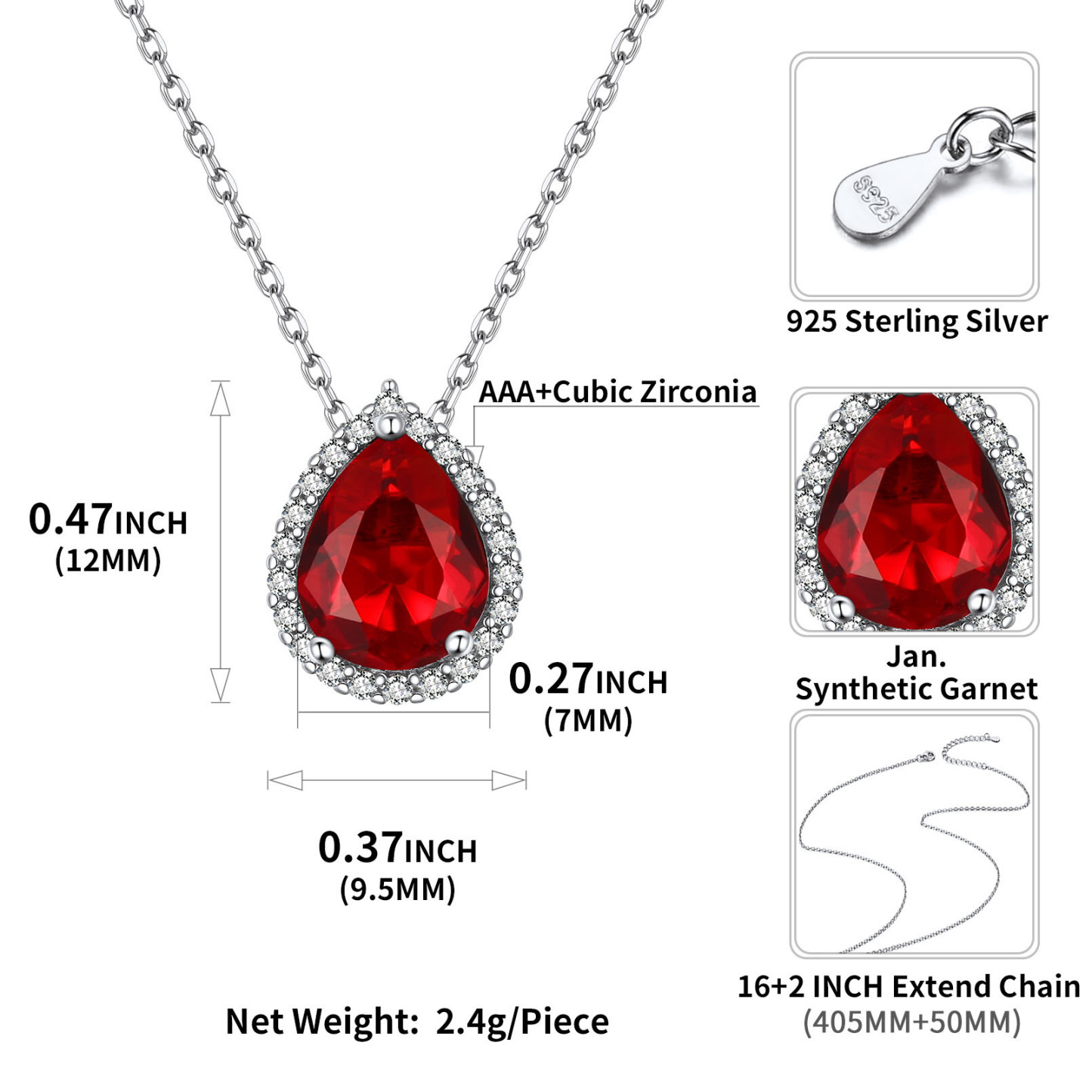 Teardrop Birthstone Sterling Silver Pendant Necklace For Women size