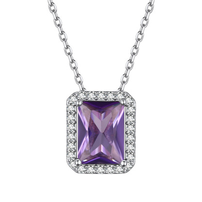 Birthstone Sterling Silver Dainty Solitaire CZ Pendant Necklace for Women Feb