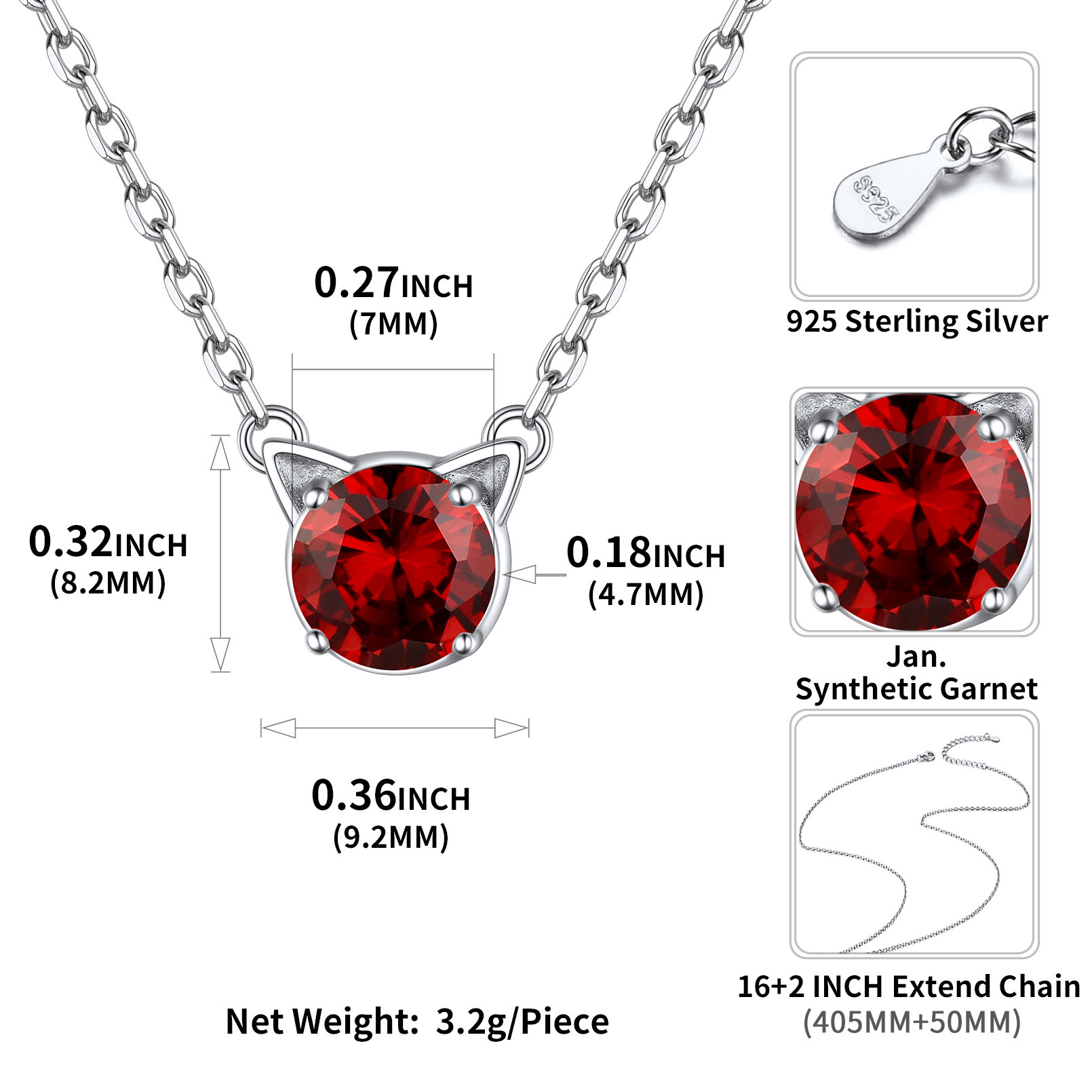 Birthstone Sterling Silver Cat Ear Pendant Necklace for Women SIZE