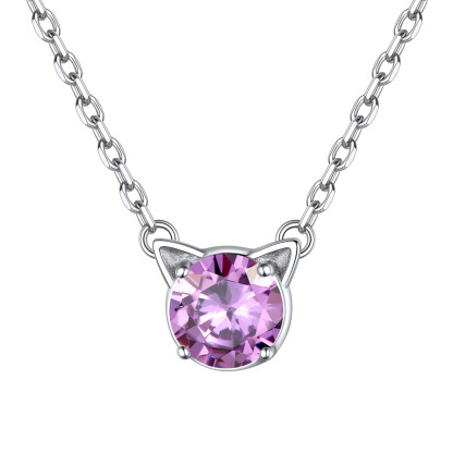 Birthstone Sterling Silver Cat Ear Pendant Necklace for Women Jun