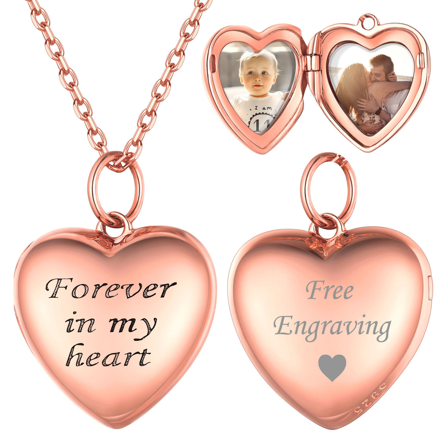 Silver Locket Pendant for 2 Photo Personalized Heart Necklace rose gold