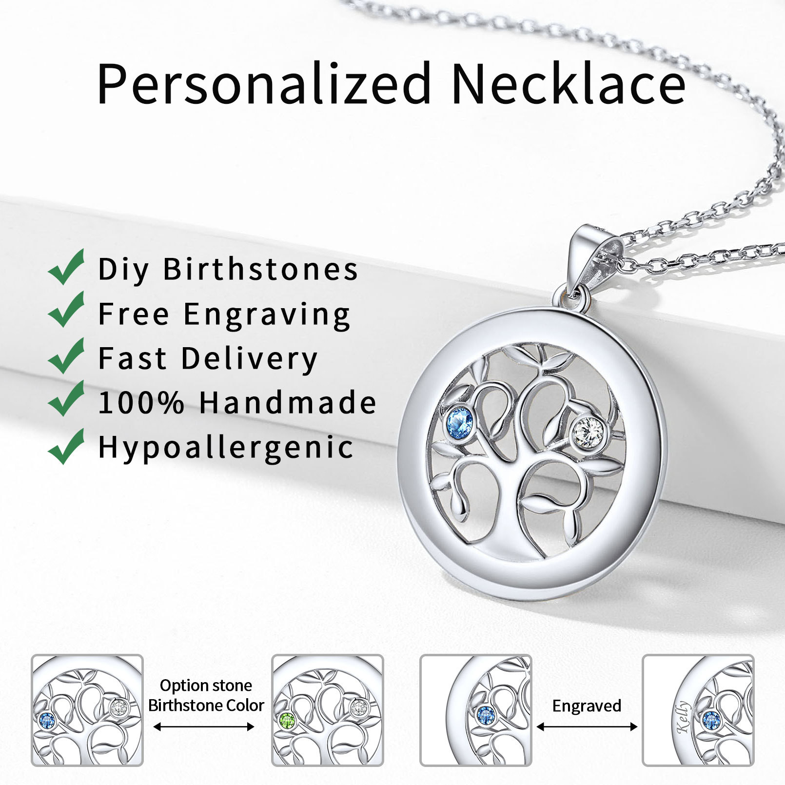 personalized Family Tree Necklaces with 2-7 Names and Birthstones 