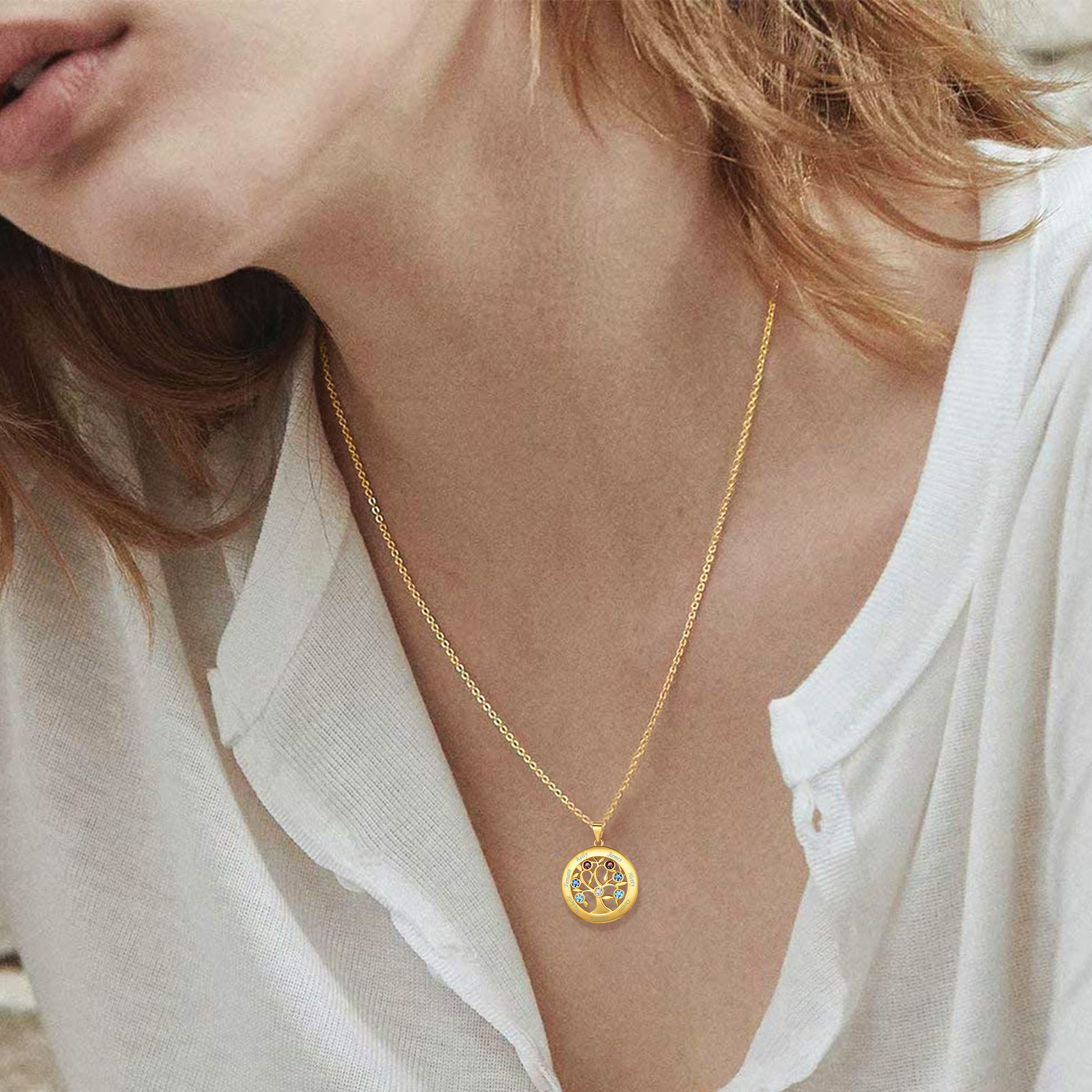 Custom Family Tree Necklaces with 2-7 Names and Birthstones model gold