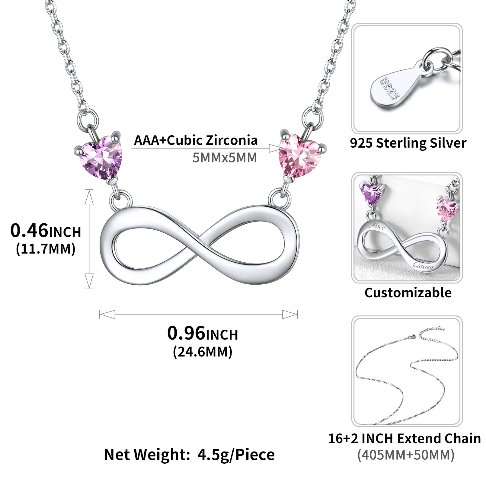  Custom Birthstone Infinity Heart Pendant Necklace for Women  detail 2 birthstones