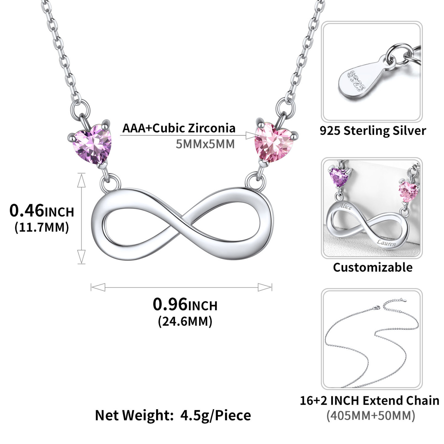  Custom Birthstone Infinity Heart Pendant Necklace for Women  detail 2 birthstones