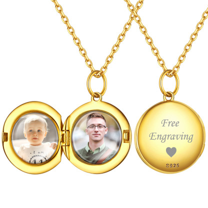 Personalized Photo Round Circle Locket Pendant Necklace for Women gold