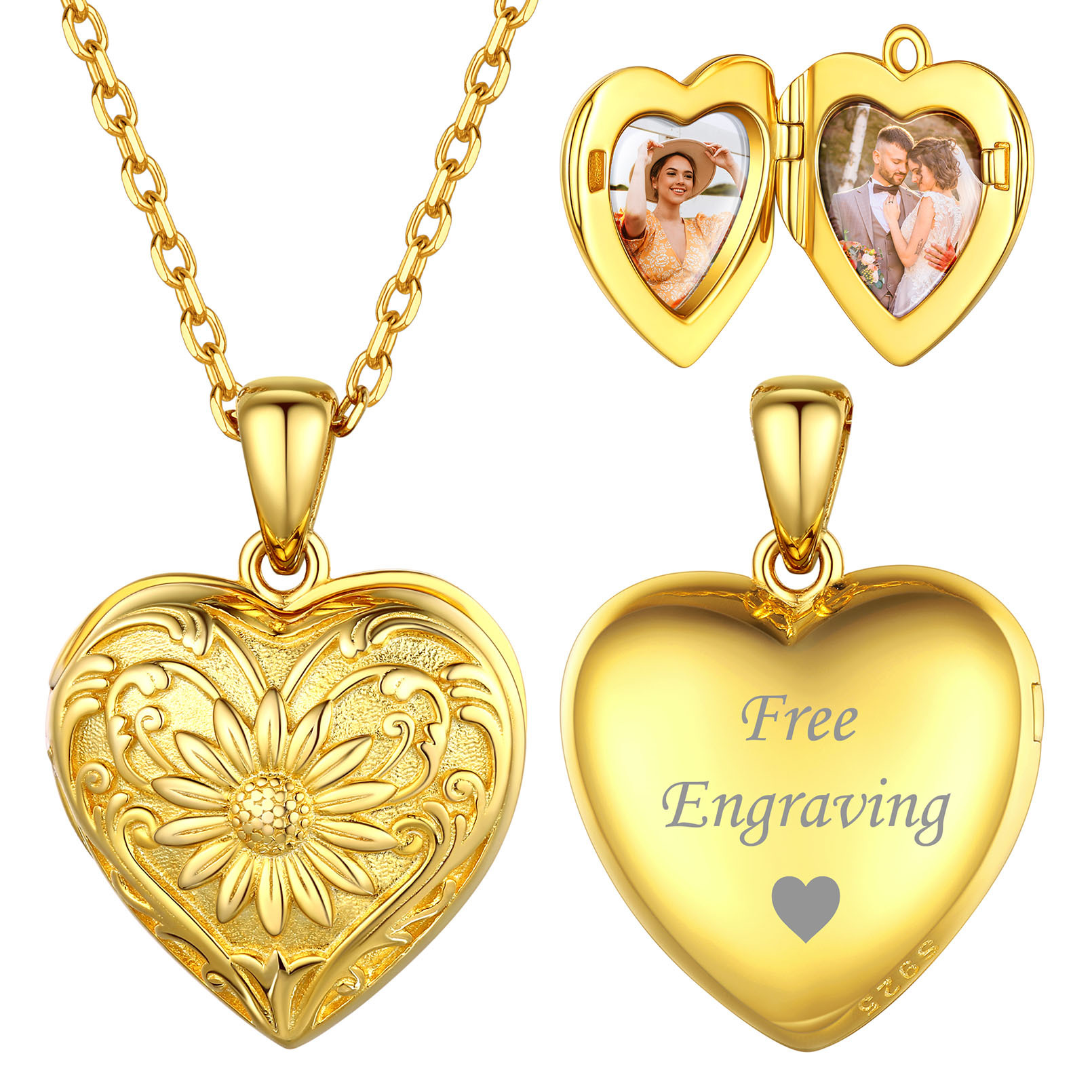 Locket Pendant for 2 Photo Personalized Heart Necklace for Women gold