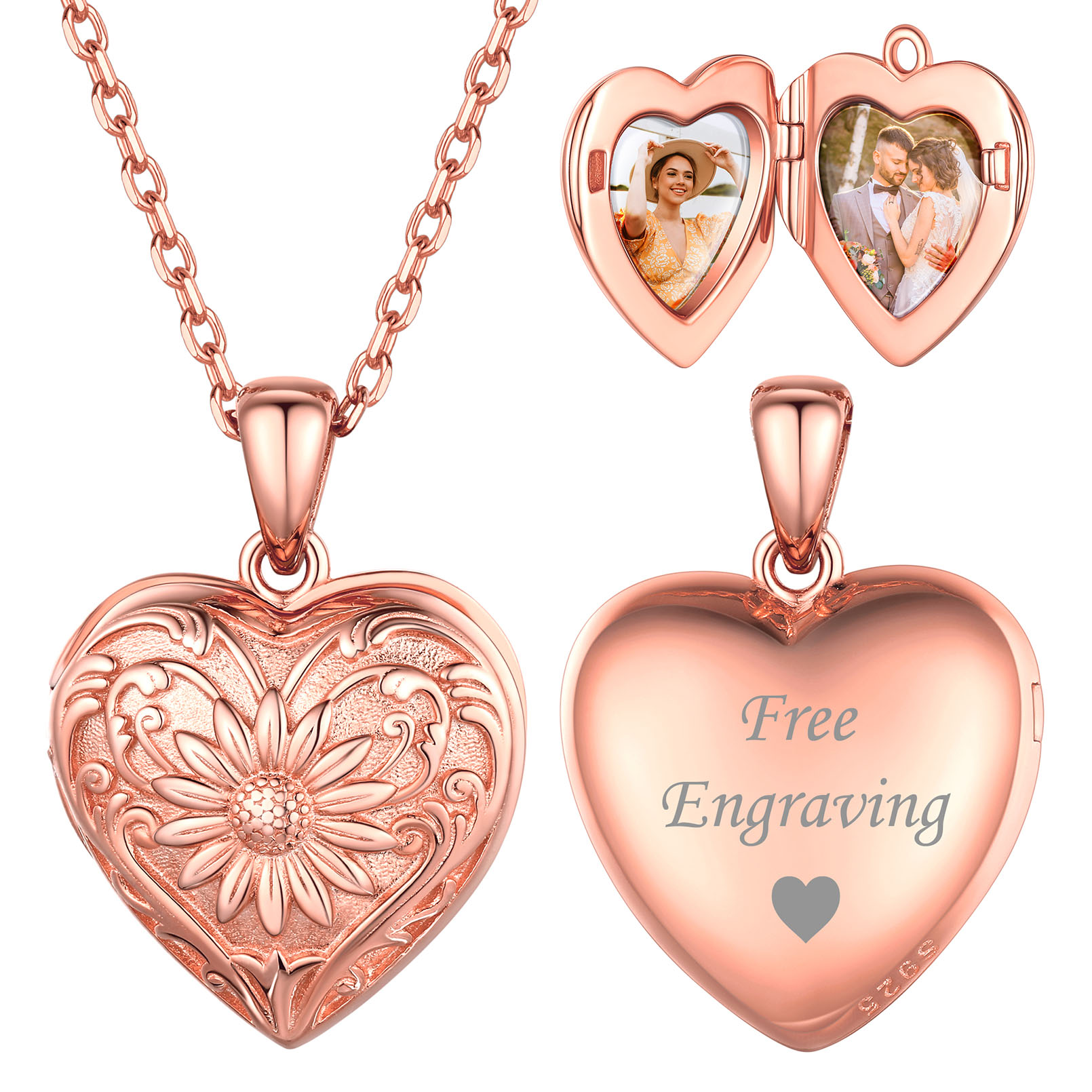 Locket Pendant for 2 Photo Personalized Heart Necklace for Women rose gold