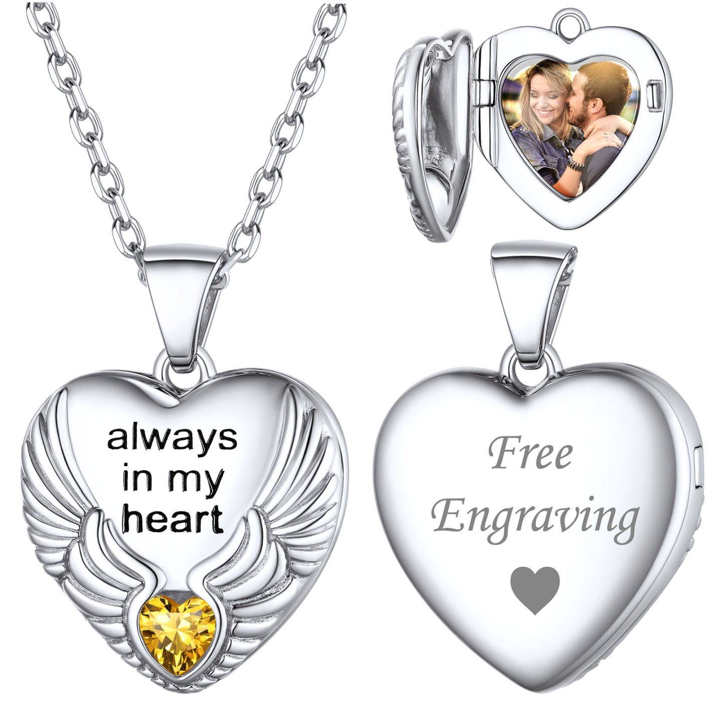 Custom Photo Locket Pendant Birthstone Necklace for Women silver