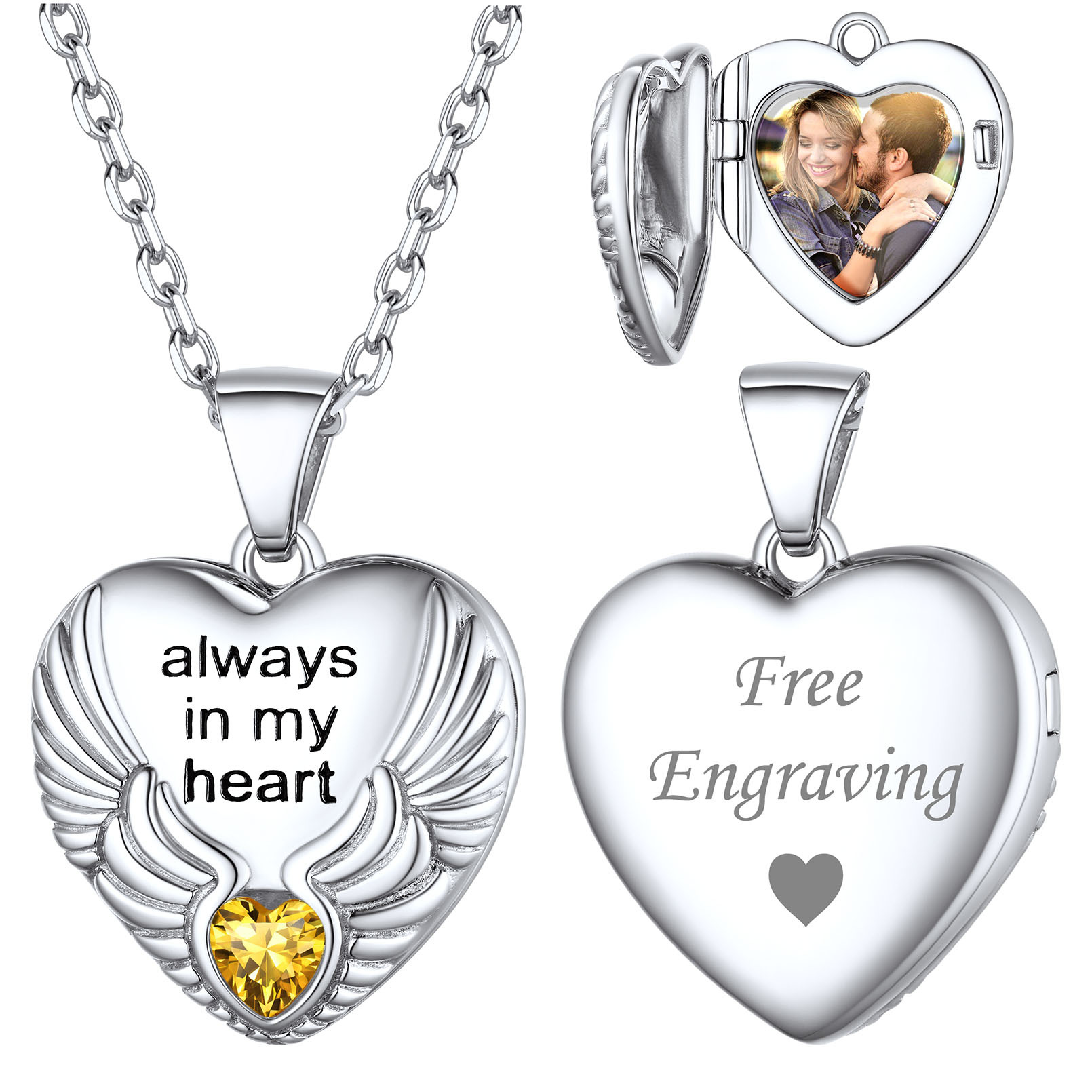 Custom Photo Locket Pendant Birthstone Necklace for Women silver