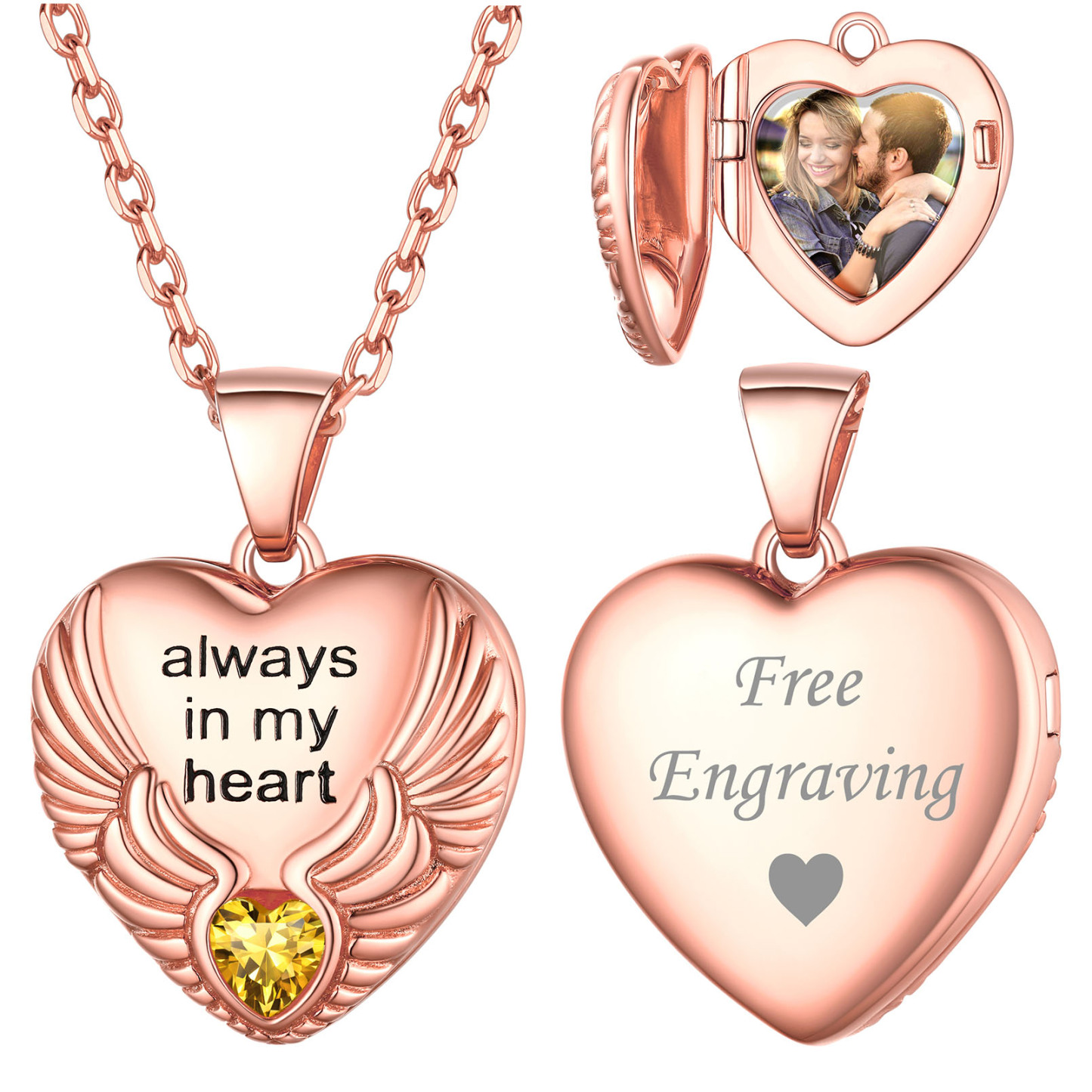 Custom Photo Locket Pendant Birthstone Necklace for Women rose gold